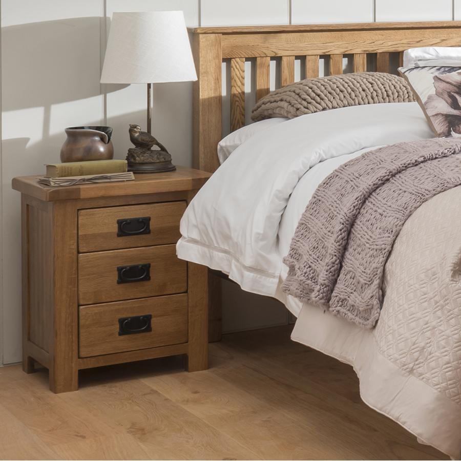 Sherwood Dark Solid Oak Low 3 Drawer Bedside